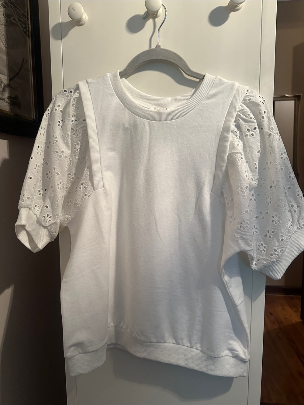 Fate White Eyelet Puff Sleeve Sweat Top